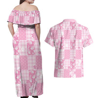 Pink Palaka Japanese Patterns Couples Matching Off Shoulder Maxi Dress and Hawaiian Shirt Koi Fish Asanoha Sakura Patchwork Stylized LT14 - Polynesian Pride