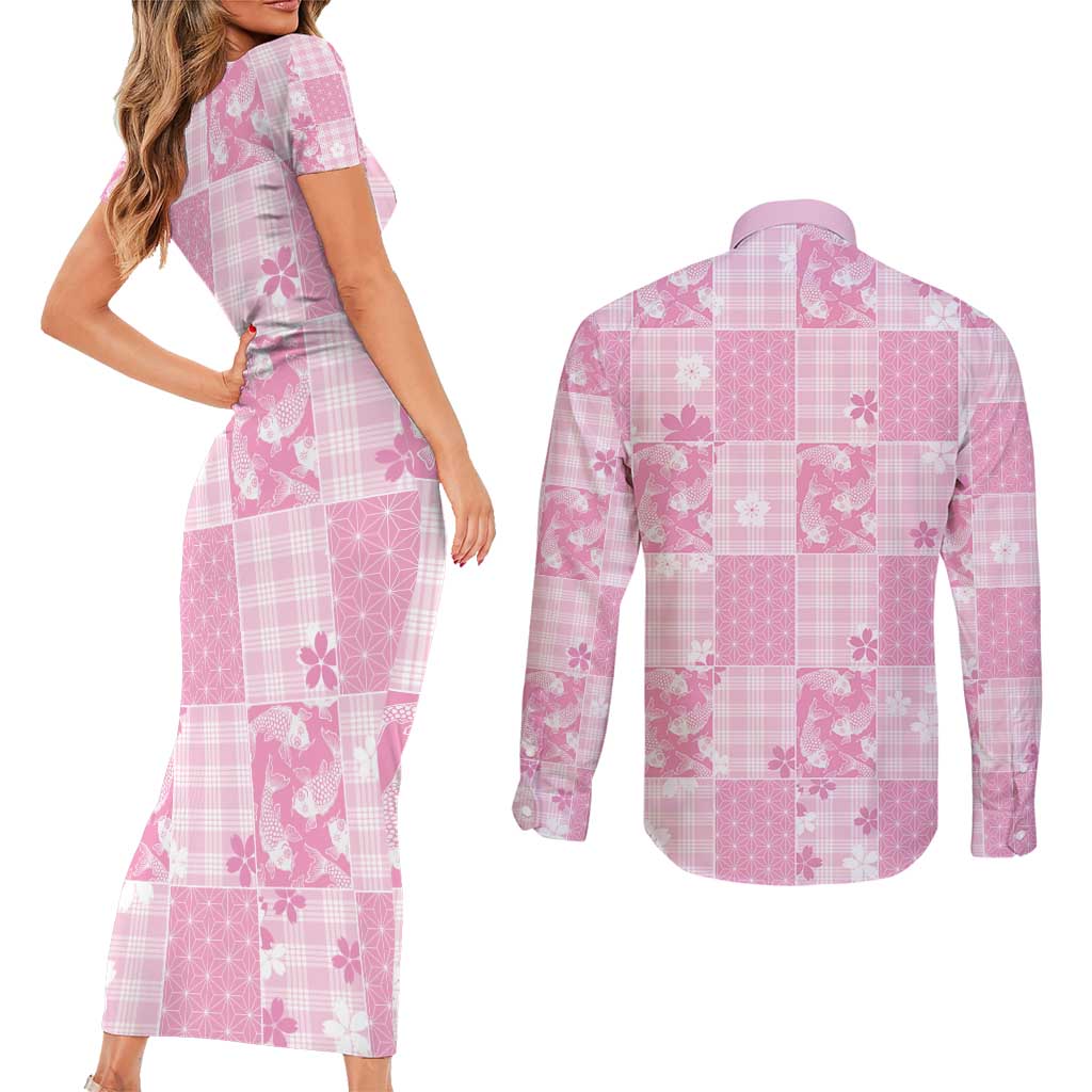 Pink Palaka Japanese Patterns Couples Matching Short Sleeve Bodycon Dress and Long Sleeve Button Shirt Koi Fish Asanoha Sakura Patchwork Stylized - Polynesian Pride