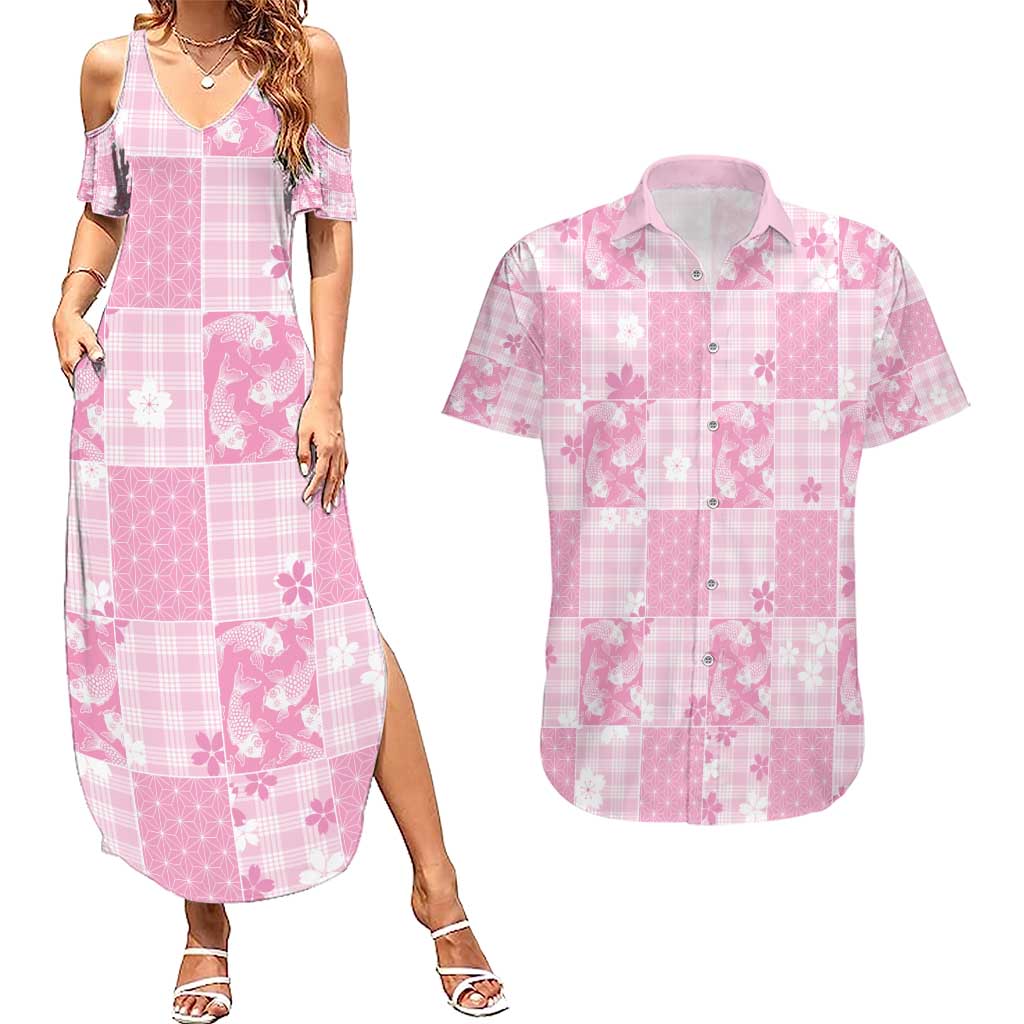 Pink Palaka Japanese Patterns Couples Matching Summer Maxi Dress and Hawaiian Shirt Koi Fish Asanoha Sakura Patchwork Stylized LT14 Pink - Polynesian Pride