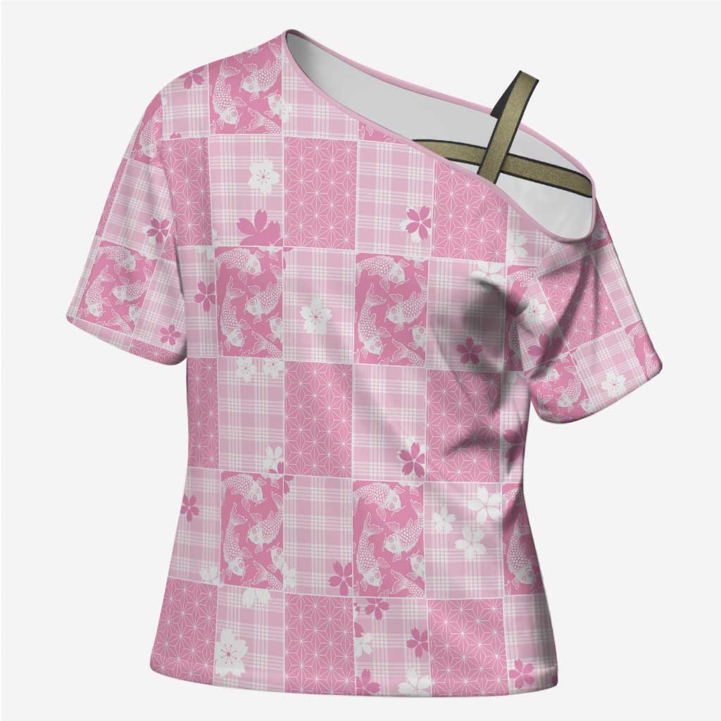 Pink Palaka Japanese Patterns Cross Shoulder Shirt Koi Fish Asanoha Sakura Patchwork Stylized LT14 Female Pink - Polynesian Pride