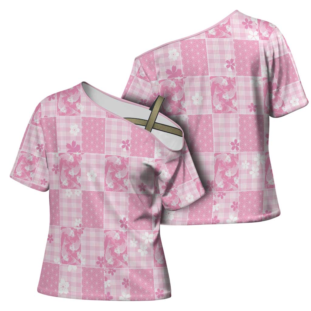 Pink Palaka Japanese Patterns Cross Shoulder Shirt Koi Fish Asanoha Sakura Patchwork Stylized LT14 - Polynesian Pride