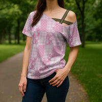 Pink Palaka Japanese Patterns Cross Shoulder Shirt Koi Fish Asanoha Sakura Patchwork Stylized LT14 - Polynesian Pride