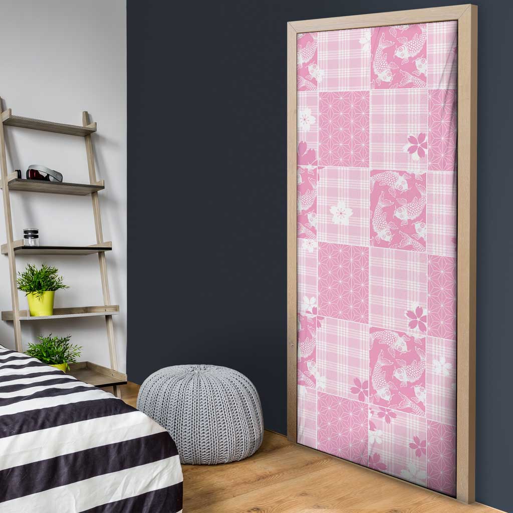 Pink Palaka Japanese Patterns Door Cover Koi Fish Asanoha Sakura Patchwork Stylized - Polynesian Pride