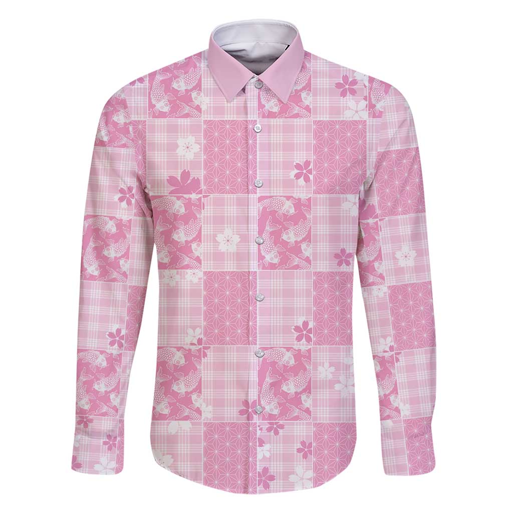 Pink Palaka Japanese Patterns Family Matching Long Sleeve Bodycon Dress and Hawaiian Shirt Koi Fish Asanoha Sakura Patchwork Stylized - Polynesian Pride