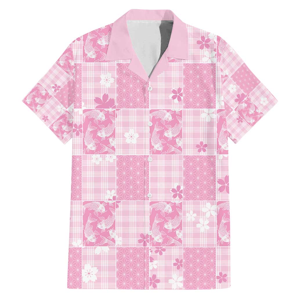 Pink Palaka Japanese Patterns Family Matching Mermaid Dress and Hawaiian Shirt Koi Fish Asanoha Sakura Patchwork Stylized LT14 Dad's Shirt - Short Sleeve Pink - Polynesian Pride