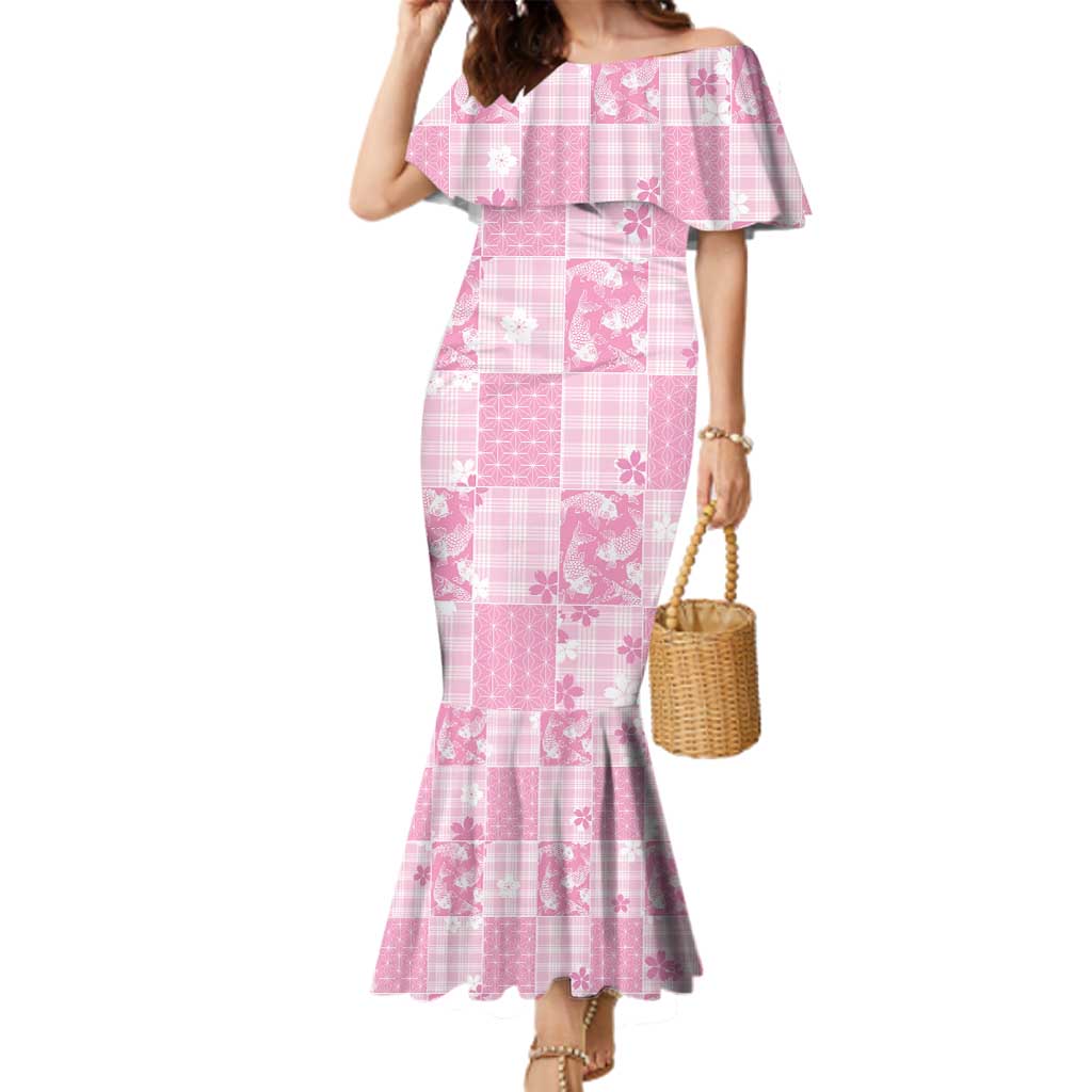 Pink Palaka Japanese Patterns Family Matching Mermaid Dress and Hawaiian Shirt Koi Fish Asanoha Sakura Patchwork Stylized LT14 Mom's Dress Pink - Polynesian Pride