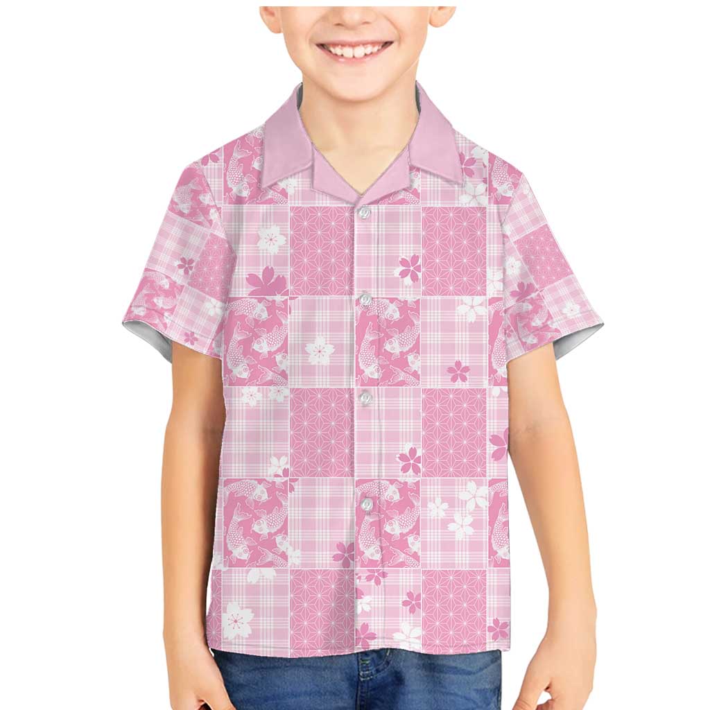 Pink Palaka Japanese Patterns Family Matching Mermaid Dress and Hawaiian Shirt Koi Fish Asanoha Sakura Patchwork Stylized LT14 Son's Shirt Pink - Polynesian Pride