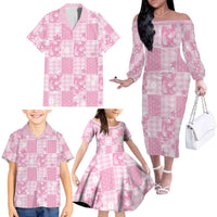 Pink Palaka Japanese Patterns Family Matching Off The Shoulder Long Sleeve Dress and Hawaiian Shirt Koi Fish Asanoha Sakura Patchwork Stylized LT14 - Polynesian Pride