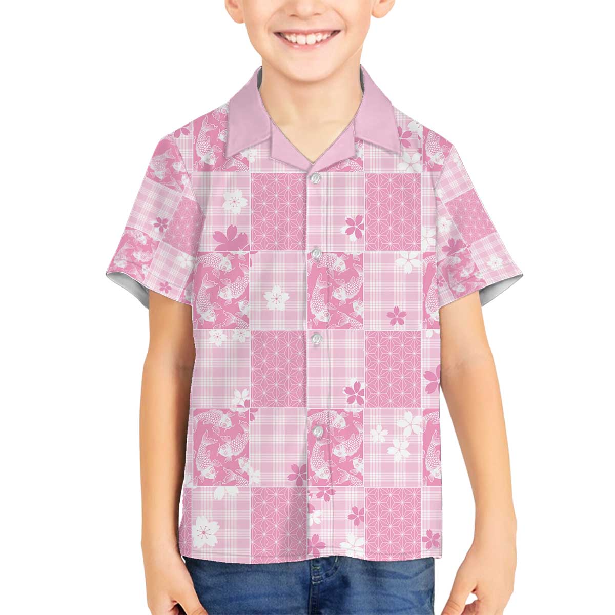 Pink Palaka Japanese Patterns Family Matching Off The Shoulder Long Sleeve Dress and Hawaiian Shirt Koi Fish Asanoha Sakura Patchwork Stylized LT14 Son's Shirt Pink - Polynesian Pride