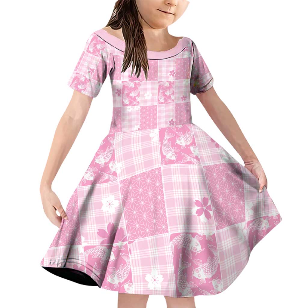 Pink Palaka Japanese Patterns Family Matching Off Shoulder Short Dress and Hawaiian Shirt Koi Fish Asanoha Sakura Patchwork Stylized - Polynesian Pride