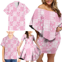 Pink Palaka Japanese Patterns Family Matching Off Shoulder Short Dress and Hawaiian Shirt Koi Fish Asanoha Sakura Patchwork Stylized - Polynesian Pride
