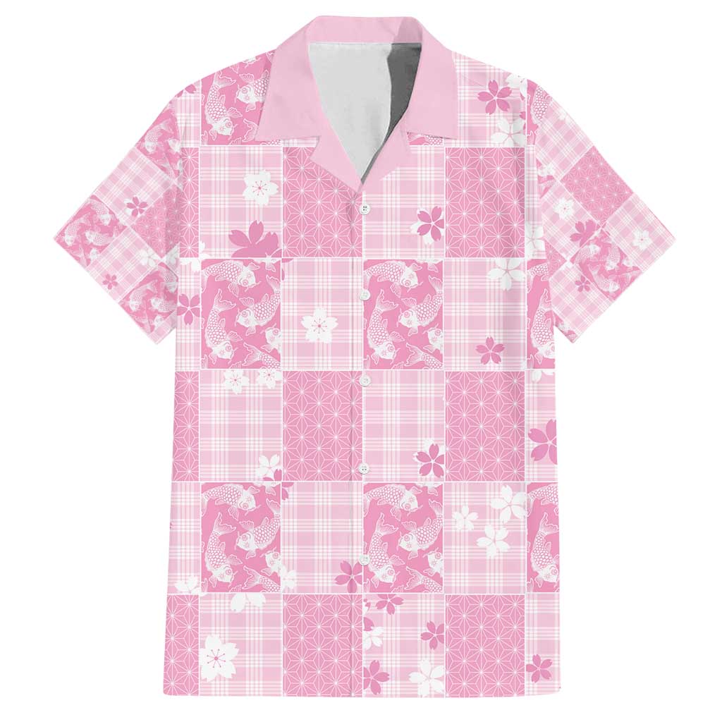Pink Palaka Japanese Patterns Family Matching Puletasi and Hawaiian Shirt Koi Fish Asanoha Sakura Patchwork Stylized - Polynesian Pride