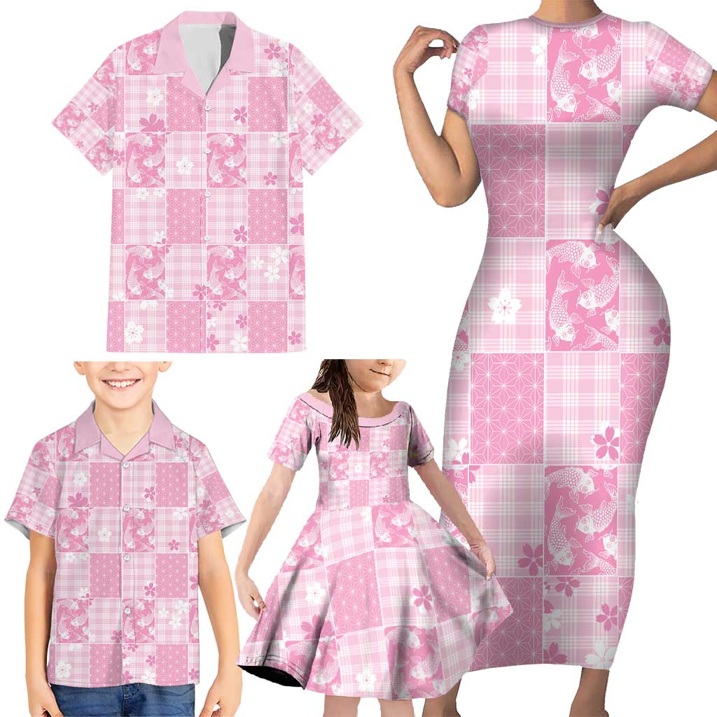 Pink Palaka Japanese Patterns Family Matching Short Sleeve Bodycon Dress and Hawaiian Shirt Koi Fish Asanoha Sakura Patchwork Stylized LT14 - Polynesian Pride