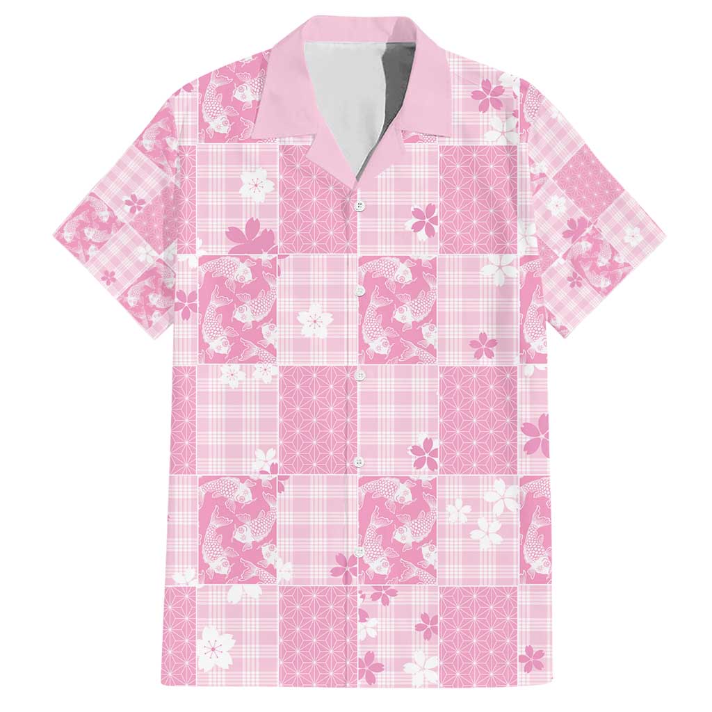 Pink Palaka Japanese Patterns Family Matching Short Sleeve Bodycon Dress and Hawaiian Shirt Koi Fish Asanoha Sakura Patchwork Stylized LT14 Dad's Shirt - Short Sleeve Pink - Polynesian Pride