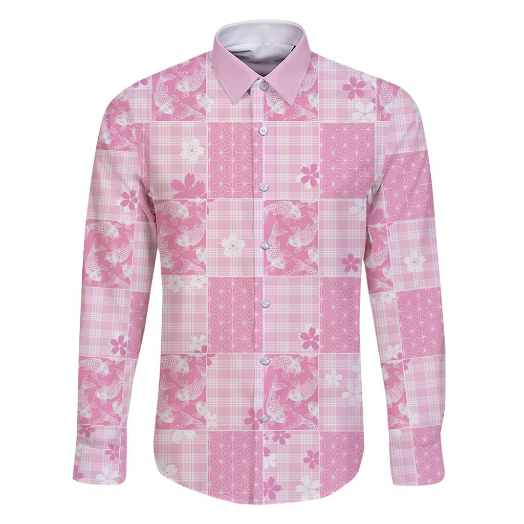 Pink Palaka Japanese Patterns Family Matching Short Sleeve Bodycon Dress and Hawaiian Shirt Koi Fish Asanoha Sakura Patchwork Stylized LT14 Dad's Shirt - Long Sleeve Pink - Polynesian Pride
