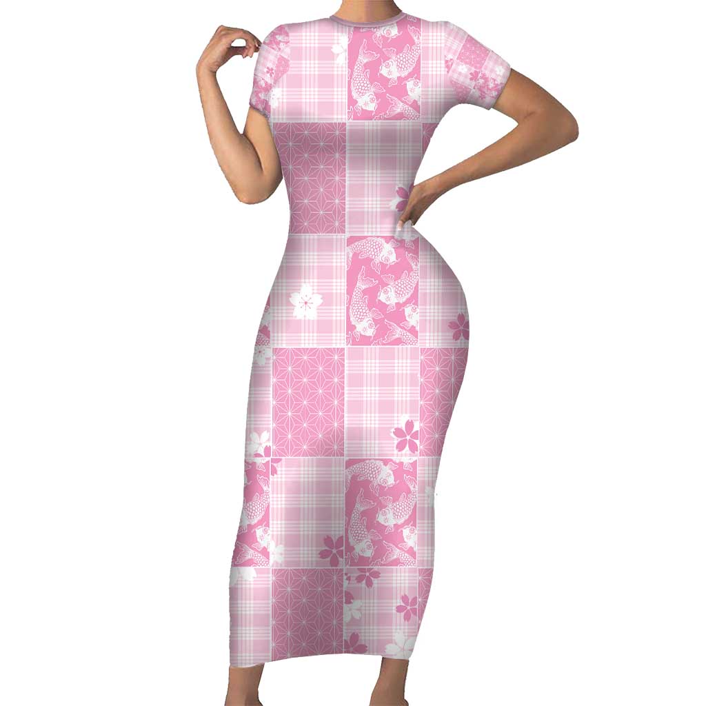 Pink Palaka Japanese Patterns Family Matching Short Sleeve Bodycon Dress and Hawaiian Shirt Koi Fish Asanoha Sakura Patchwork Stylized LT14 Mom's Dress Pink - Polynesian Pride