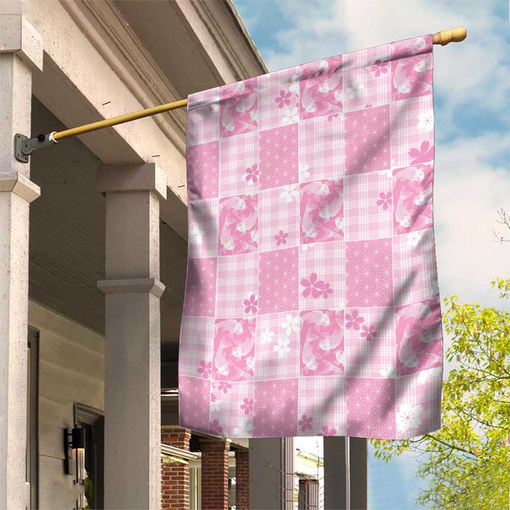 Pink Palaka Japanese Patterns Garden Flag Koi Fish Asanoha Sakura Patchwork Stylized LT14 House Flag Pink - Polynesian Pride
