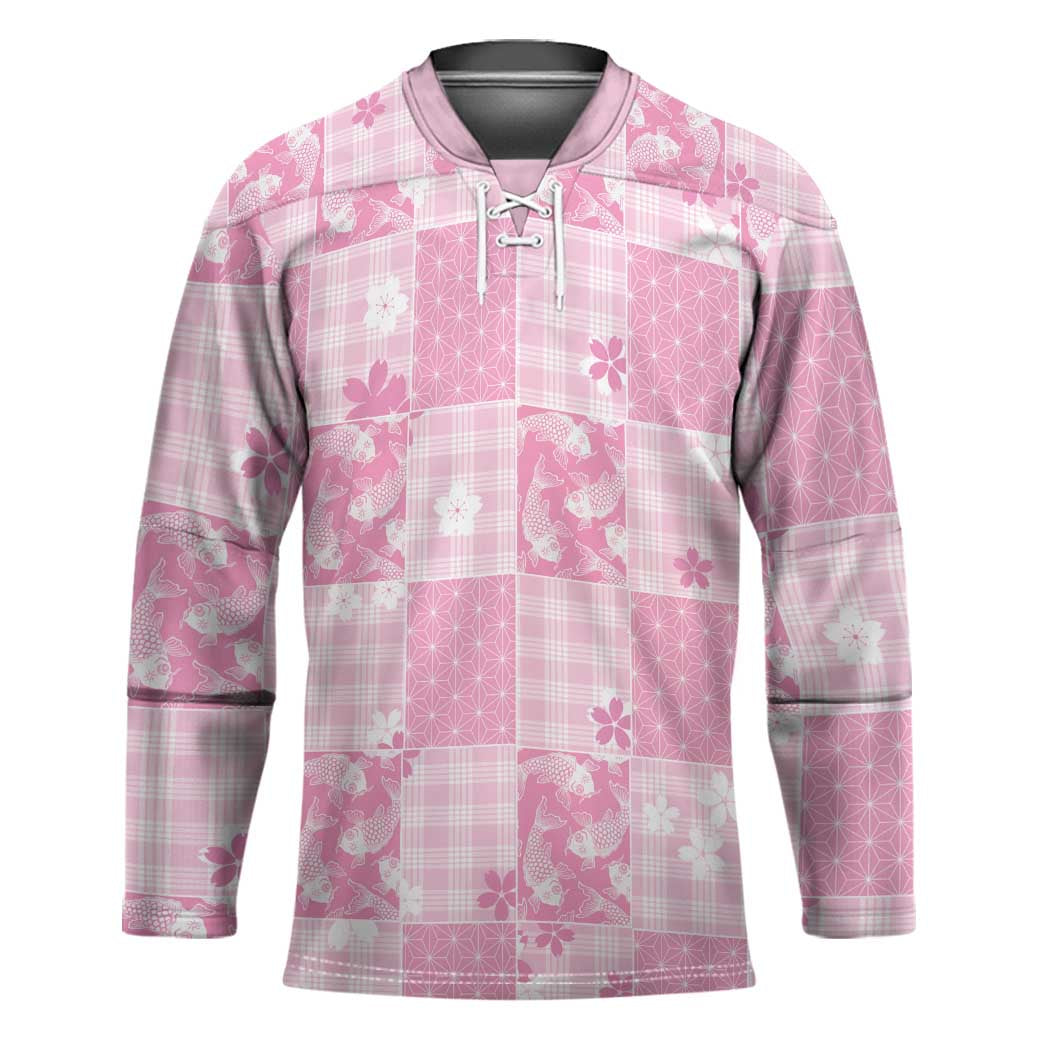 Pink Palaka Japanese Patterns Hockey Jersey Koi Fish Asanoha Sakura Patchwork Stylized LT14 Unisex Pink - Polynesian Pride
