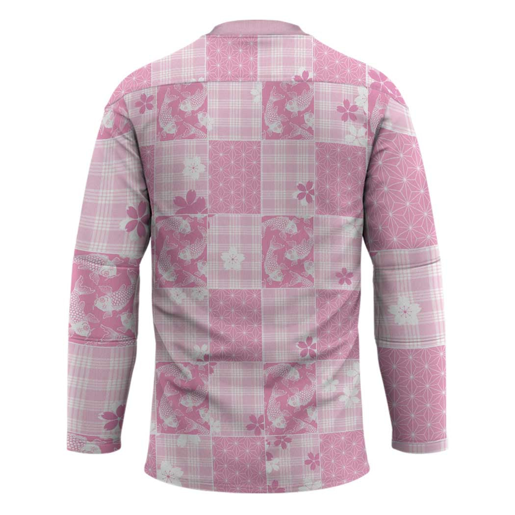 Pink Palaka Japanese Patterns Hockey Jersey Koi Fish Asanoha Sakura Patchwork Stylized LT14 - Polynesian Pride