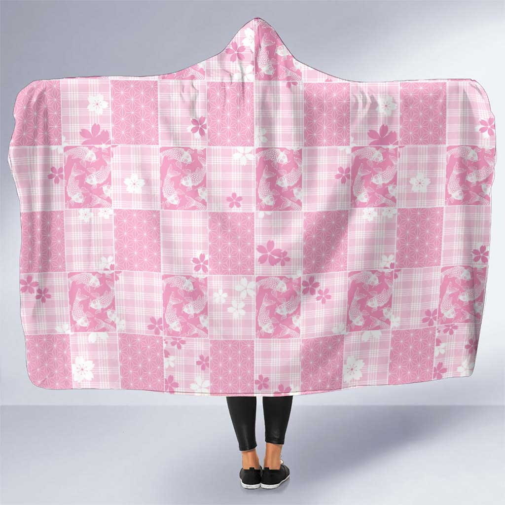 Pink Palaka Japanese Patterns Hooded Blanket Koi Fish Asanoha Sakura Patchwork Stylized LT14 One Size Pink - Polynesian Pride