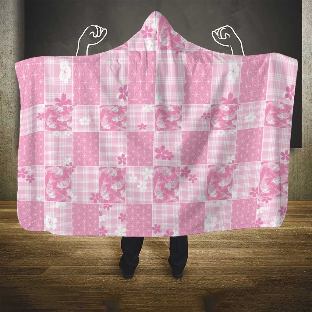 Pink Palaka Japanese Patterns Hooded Blanket Koi Fish Asanoha Sakura Patchwork Stylized LT14 - Polynesian Pride