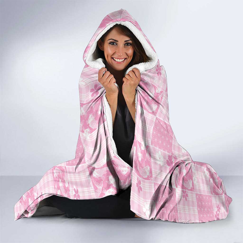 Pink Palaka Japanese Patterns Hooded Blanket Koi Fish Asanoha Sakura Patchwork Stylized LT14 - Polynesian Pride