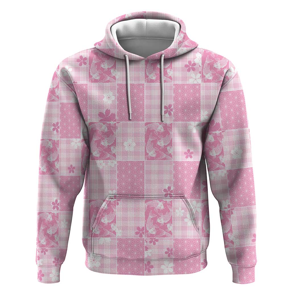 Pink Palaka Japanese Patterns Hoodie Koi Fish Asanoha Sakura Patchwork Stylized - Polynesian Pride