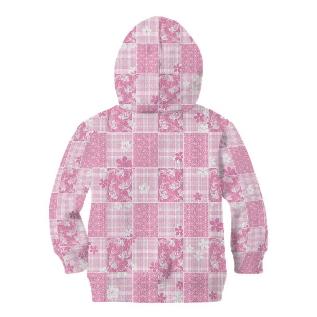 Pink Palaka Japanese Patterns Kid Hoodie Koi Fish Asanoha Sakura Patchwork Stylized - Polynesian Pride