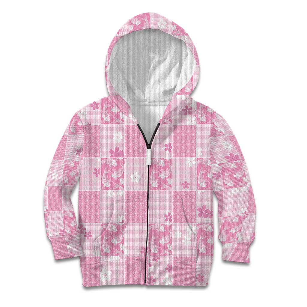 Pink Palaka Japanese Patterns Kid Hoodie Koi Fish Asanoha Sakura Patchwork Stylized - Polynesian Pride