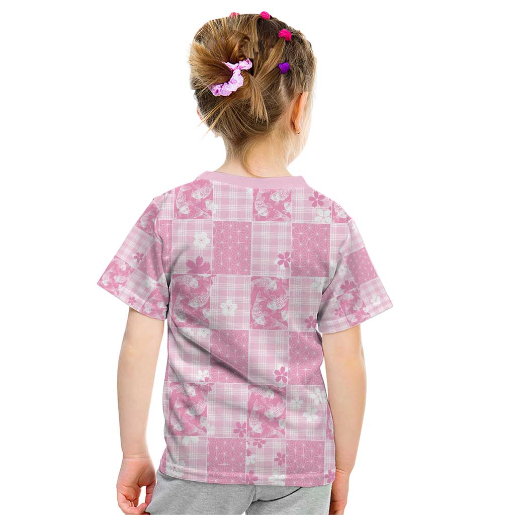 Pink Palaka Japanese Patterns Kid T Shirt Koi Fish Asanoha Sakura Patchwork Stylized - Polynesian Pride