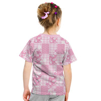 Pink Palaka Japanese Patterns Kid T Shirt Koi Fish Asanoha Sakura Patchwork Stylized - Polynesian Pride