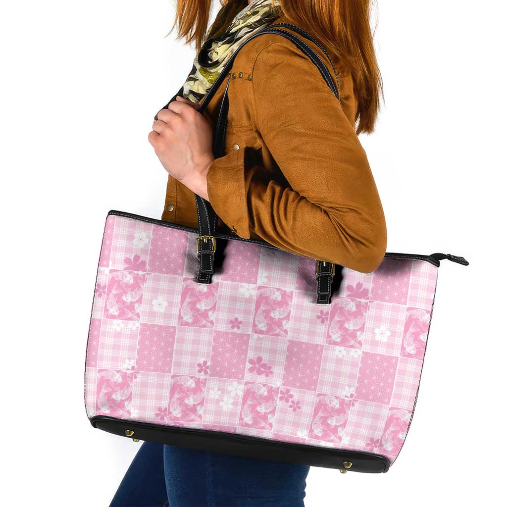 Pink Palaka Japanese Patterns Leather Tote Bag Koi Fish Asanoha Sakura Patchwork Stylized - Polynesian Pride