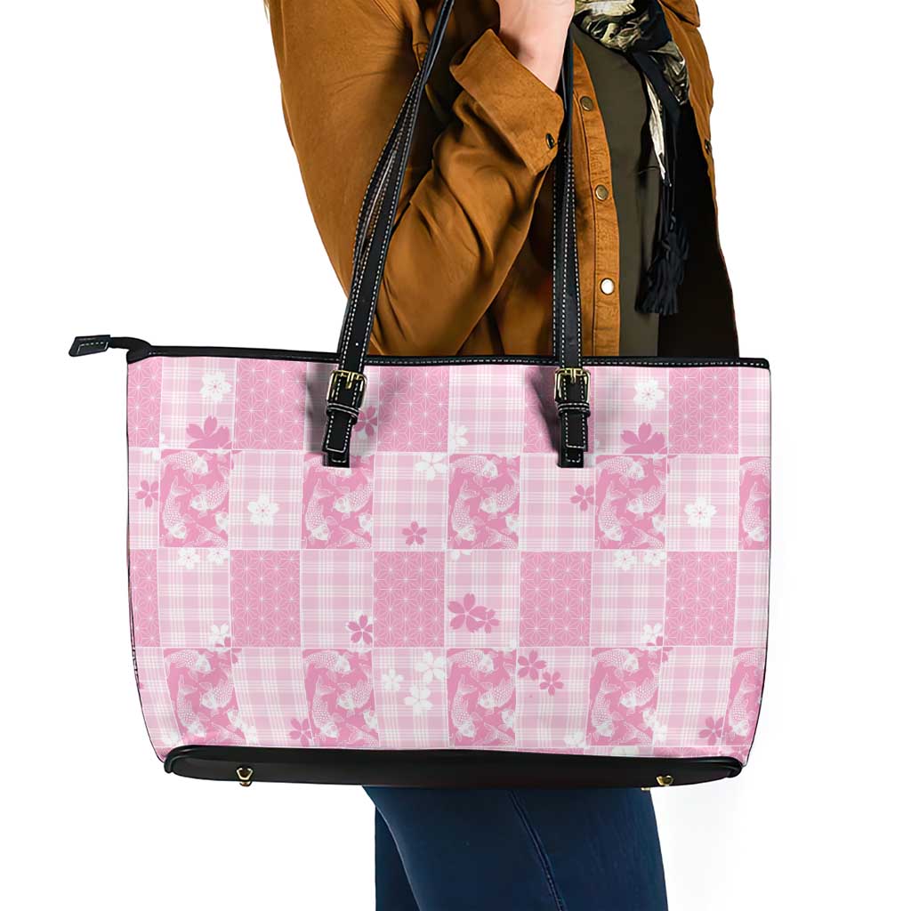 Pink Palaka Japanese Patterns Leather Tote Bag Koi Fish Asanoha Sakura Patchwork Stylized LT14 - Polynesian Pride