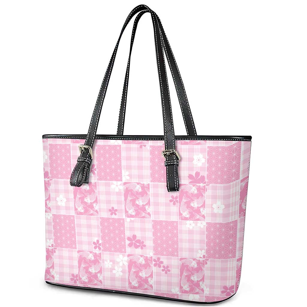 Pink Palaka Japanese Patterns Leather Tote Bag Koi Fish Asanoha Sakura Patchwork Stylized LT14 - Polynesian Pride
