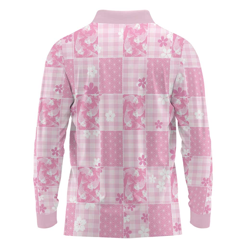 Pink Palaka Japanese Patterns Long Sleeve Polo Shirt Koi Fish Asanoha Sakura Patchwork Stylized - Polynesian Pride