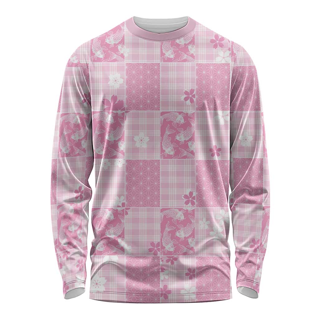 Pink Palaka Japanese Patterns Long Sleeve Shirt Koi Fish Asanoha Sakura Patchwork Stylized - Polynesian Pride
