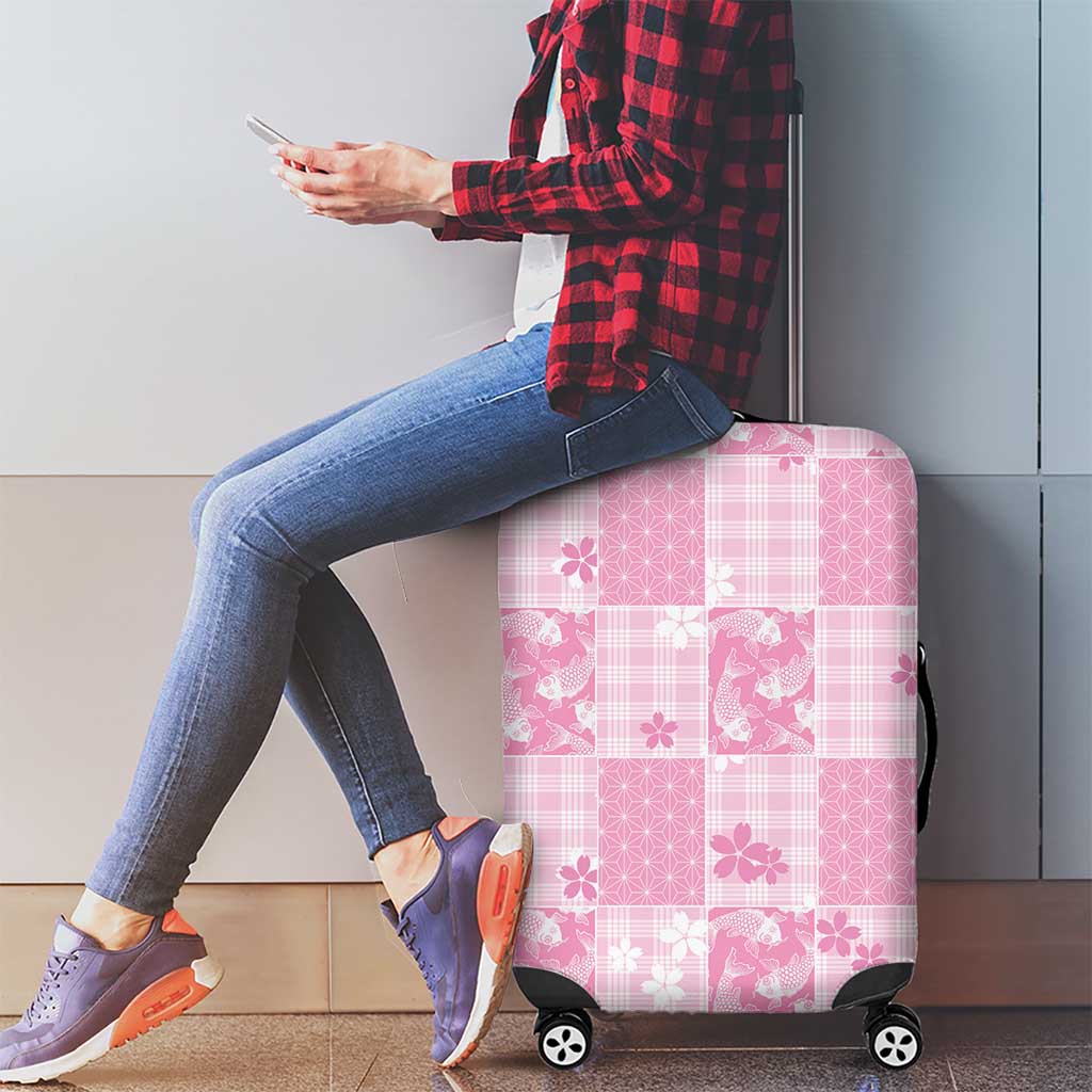 Pink Palaka Japanese Patterns Luggage Cover Koi Fish Asanoha Sakura Patchwork Stylized - Polynesian Pride