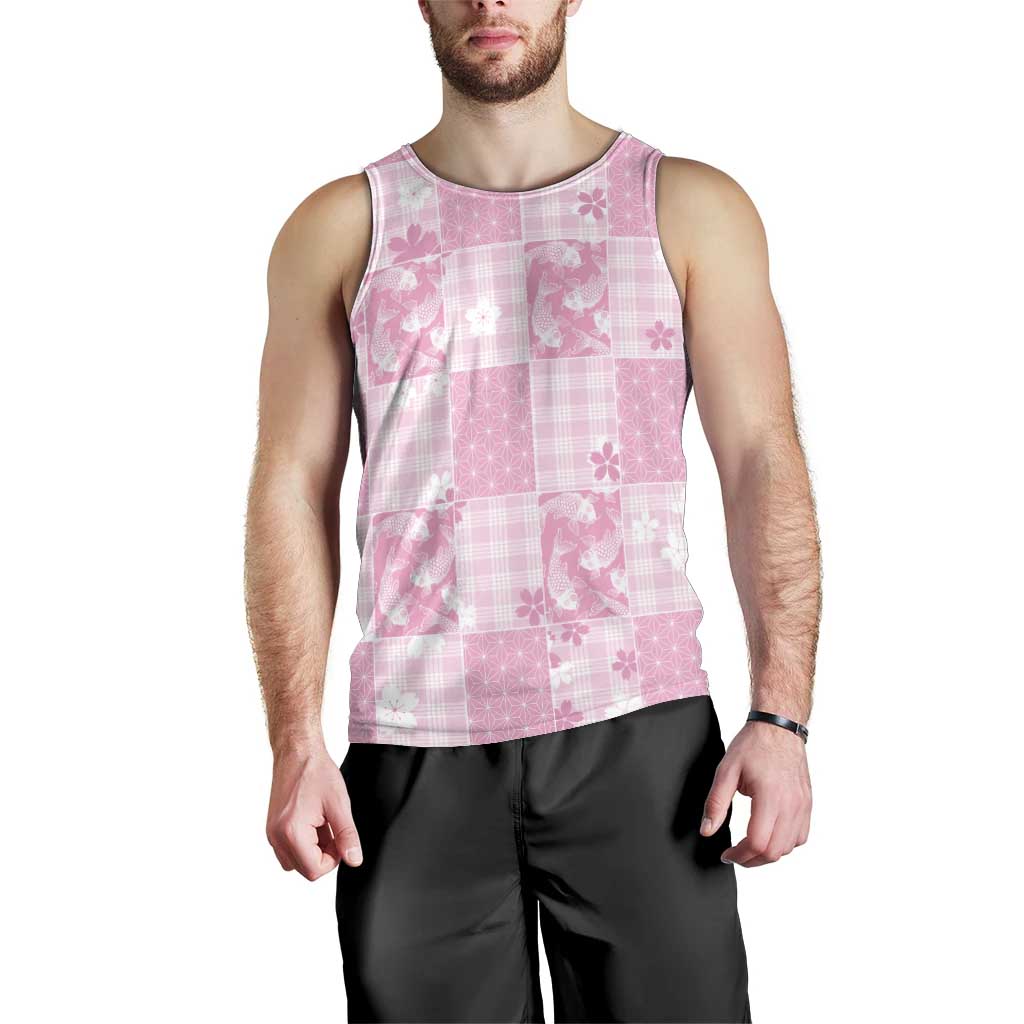 Pink Palaka Japanese Patterns Men Tank Top Koi Fish Asanoha Sakura Patchwork Stylized - Polynesian Pride