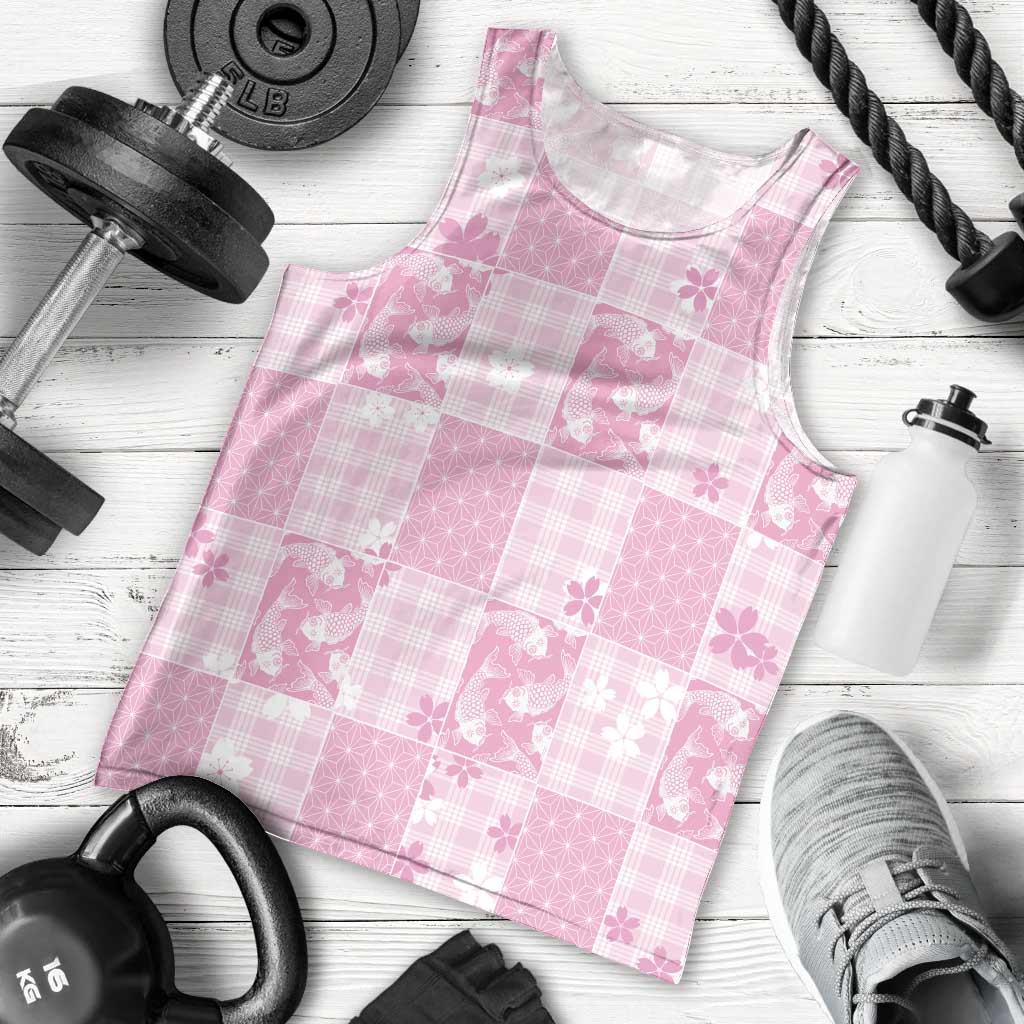 Pink Palaka Japanese Patterns Men Tank Top Koi Fish Asanoha Sakura Patchwork Stylized - Polynesian Pride