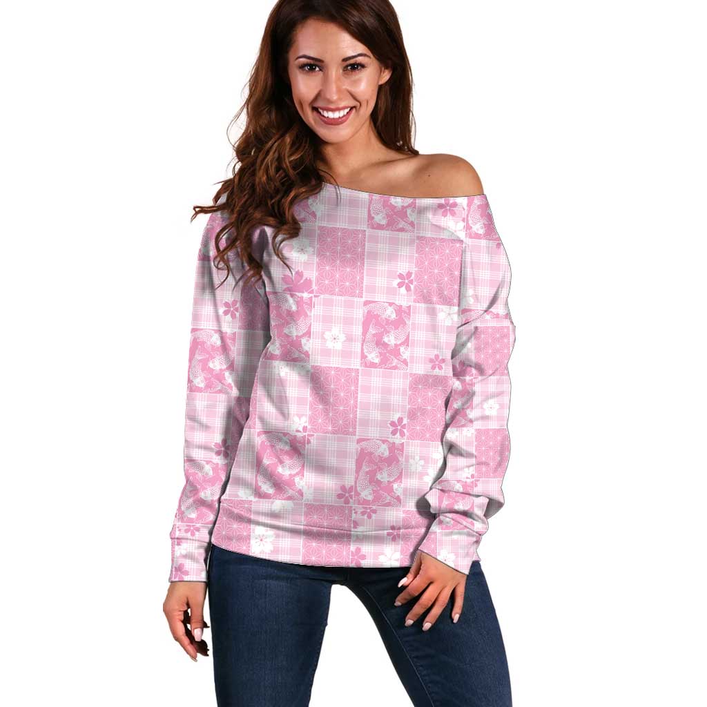 Pink Palaka Japanese Patterns Off Shoulder Sweater Koi Fish Asanoha Sakura Patchwork Stylized LT14 Women Pink - Polynesian Pride