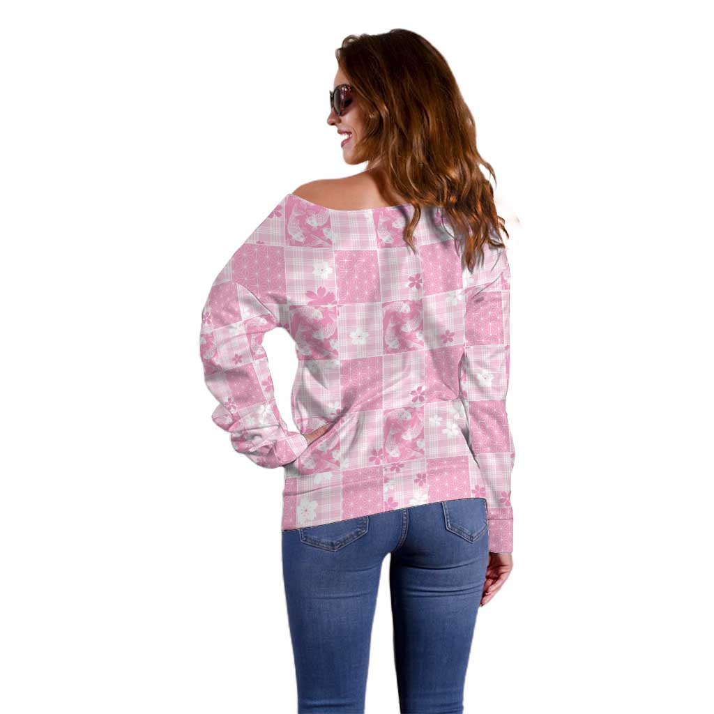 Pink Palaka Japanese Patterns Off Shoulder Sweater Koi Fish Asanoha Sakura Patchwork Stylized LT14 - Polynesian Pride