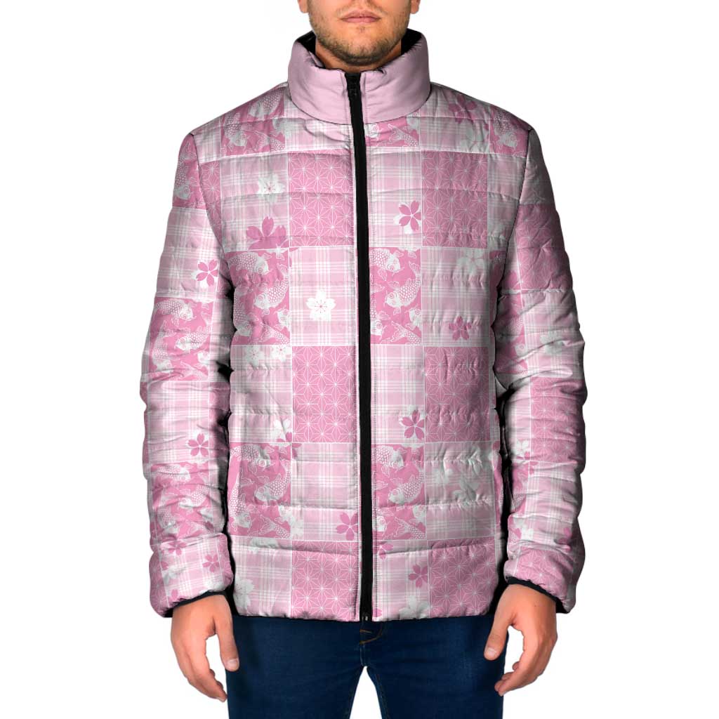 Pink Palaka Japanese Patterns Padded Jacket Koi Fish Asanoha Sakura Patchwork Stylized - Polynesian Pride