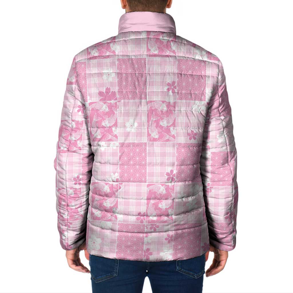 Pink Palaka Japanese Patterns Padded Jacket Koi Fish Asanoha Sakura Patchwork Stylized - Polynesian Pride