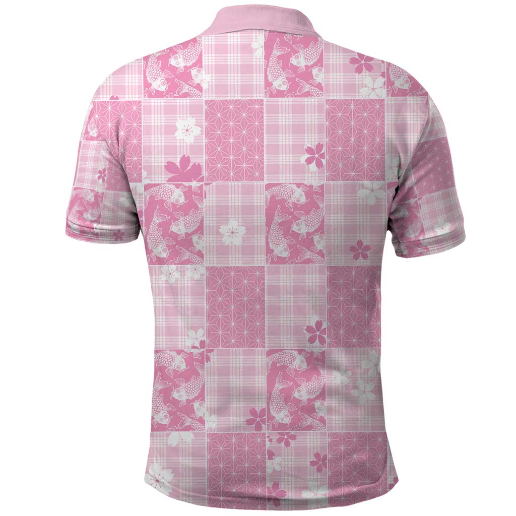 Pink Palaka Japanese Patterns Polo Shirt Koi Fish Asanoha Sakura Patchwork Stylized - Polynesian Pride