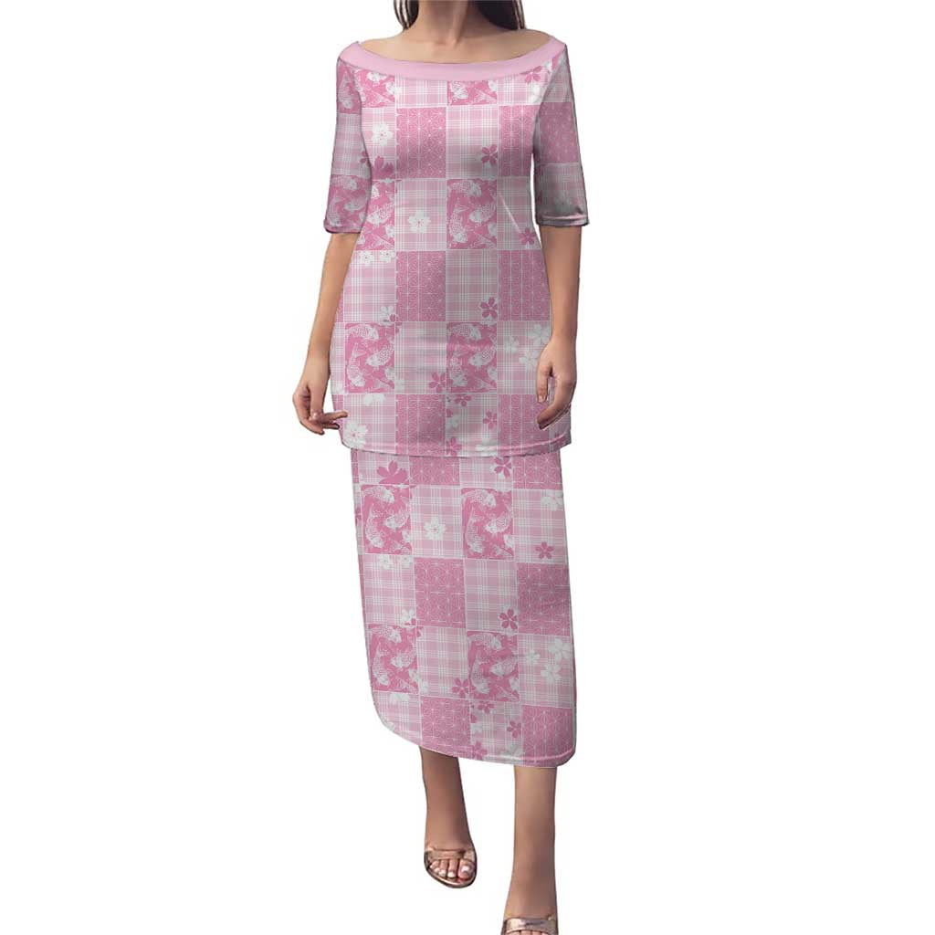 Pink Palaka Japanese Patterns Puletasi Koi Fish Asanoha Sakura Patchwork Stylized LT14 Long Dress Pink - Polynesian Pride