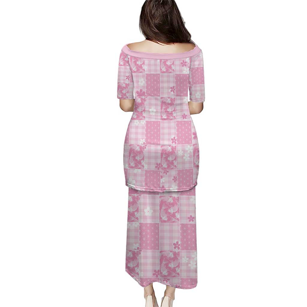 Pink Palaka Japanese Patterns Puletasi Koi Fish Asanoha Sakura Patchwork Stylized LT14 - Polynesian Pride