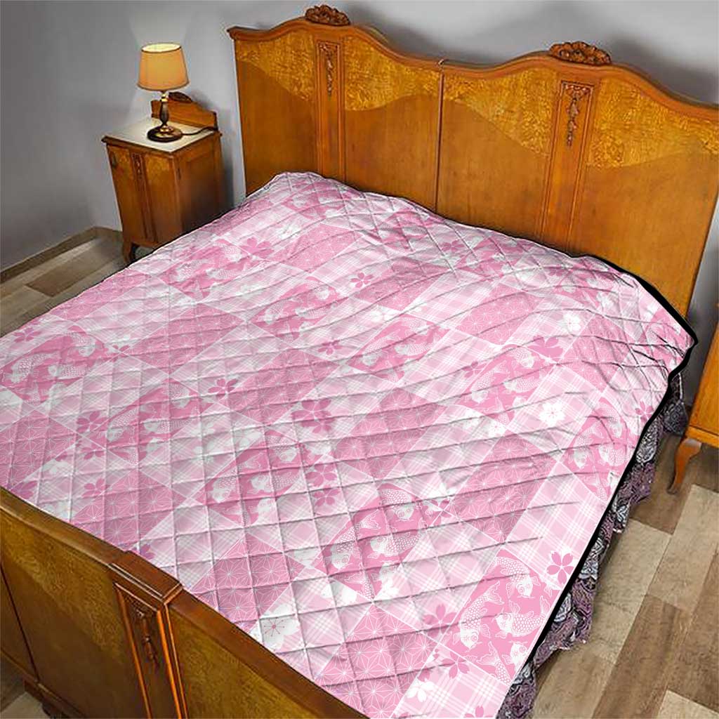 Pink Palaka Japanese Patterns Quilt Koi Fish Asanoha Sakura Patchwork Stylized - Polynesian Pride