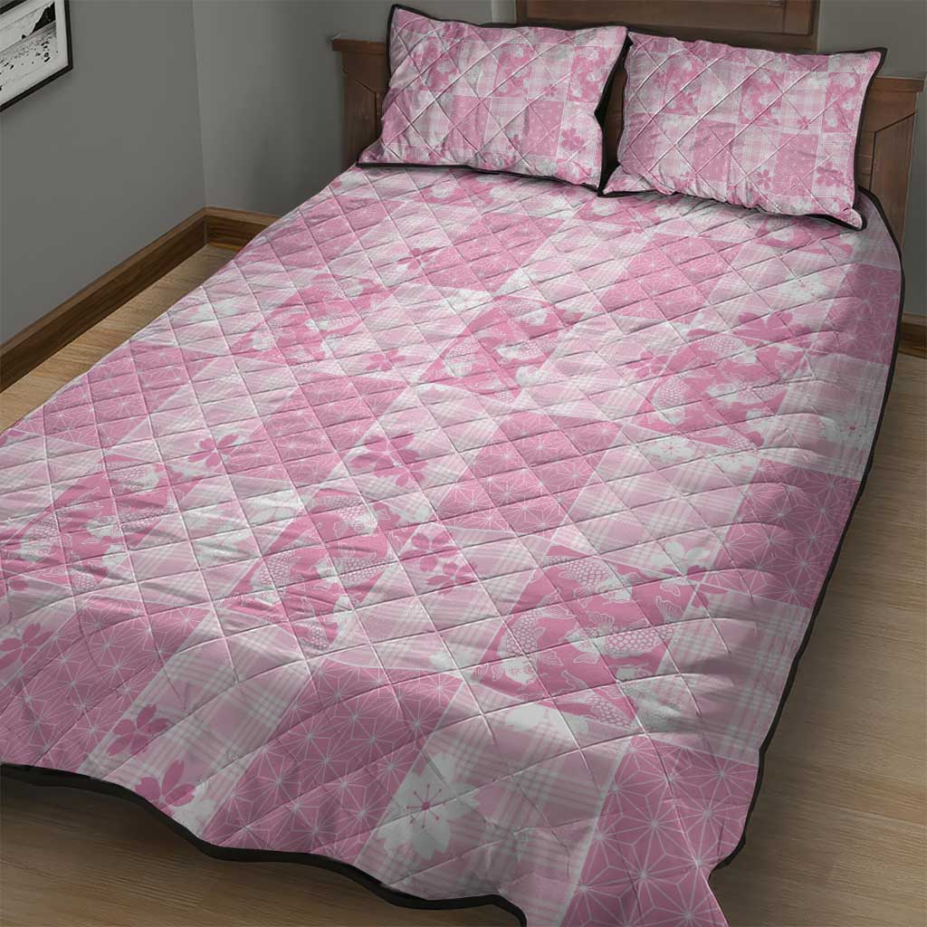 Pink Palaka Japanese Patterns Quilt Bed Set Koi Fish Asanoha Sakura Patchwork Stylized - Polynesian Pride
