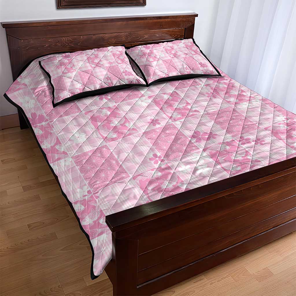 Pink Palaka Japanese Patterns Quilt Bed Set Koi Fish Asanoha Sakura Patchwork Stylized - Polynesian Pride