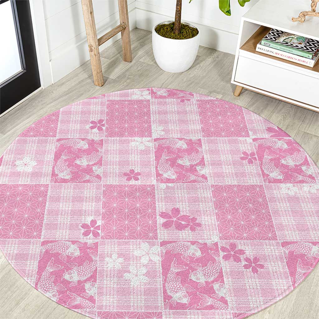 Pink Palaka Japanese Patterns Round Carpet Koi Fish Asanoha Sakura Patchwork Stylized LT14 Pink - Polynesian Pride